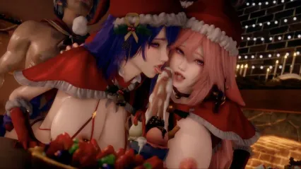 两个巨乳美女的双人侍奉口交，陪着一起参加群P新年性爱派对！