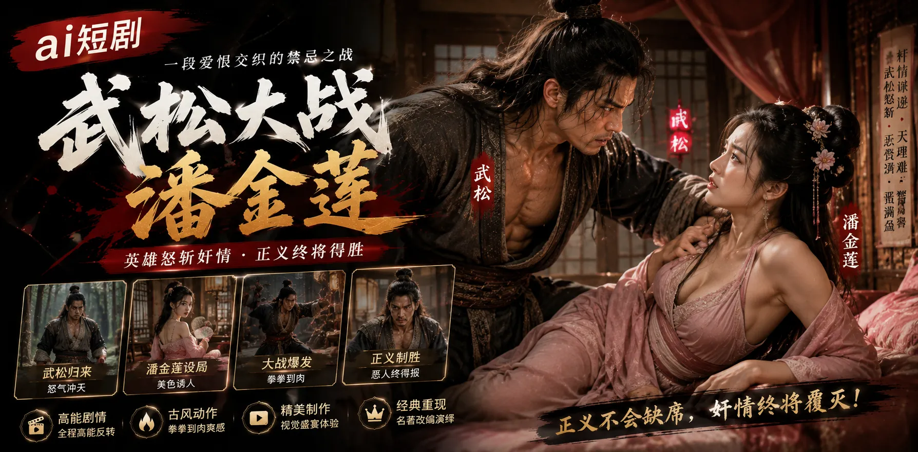 武松大战潘金莲 AI短剧 正义不会缺席 抓奸在床惩罚巨乳骚货 女上位骑乘肉棒扭动 后入狠操内射 封面